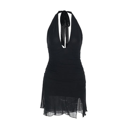 Halter self tie deep v neck slit ruched mini dress  | Festival Outfits Women