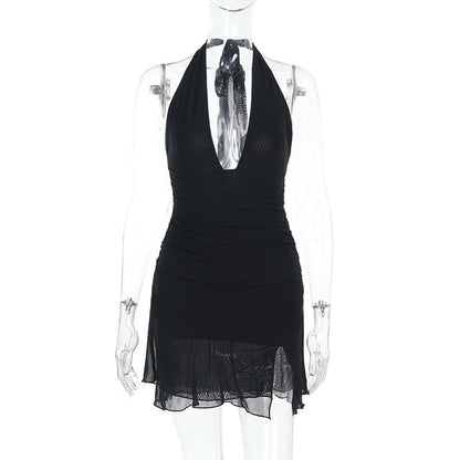 Halter self tie deep v neck slit ruched mini dress  | Festival Outfits Women