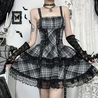 Plaid lace hem lace up cami mini dress  | Festival Outfits Women