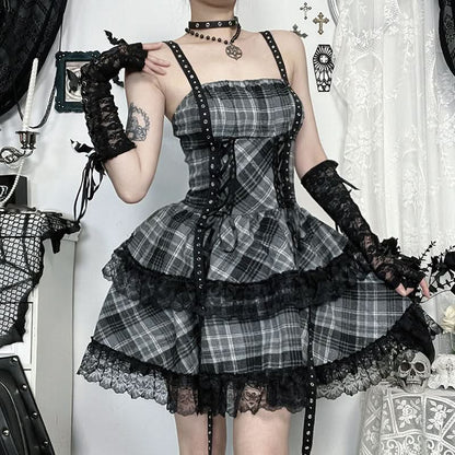 Plaid lace hem lace up cami mini dress  | Festival Outfits Women