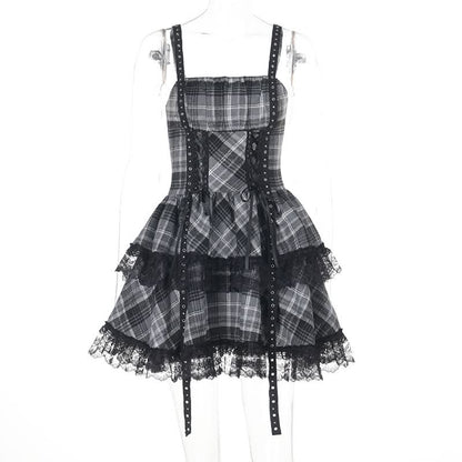 Plaid lace hem lace up cami mini dress  | Festival Outfits Women