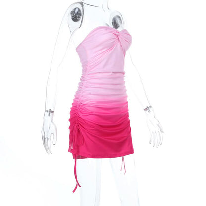 Gradient ruched self tie tube mini dress  | Festival Outfits Women