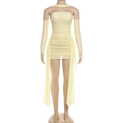 Mesh ruched gloves backless tube mini dress  | Festival Outfits Women