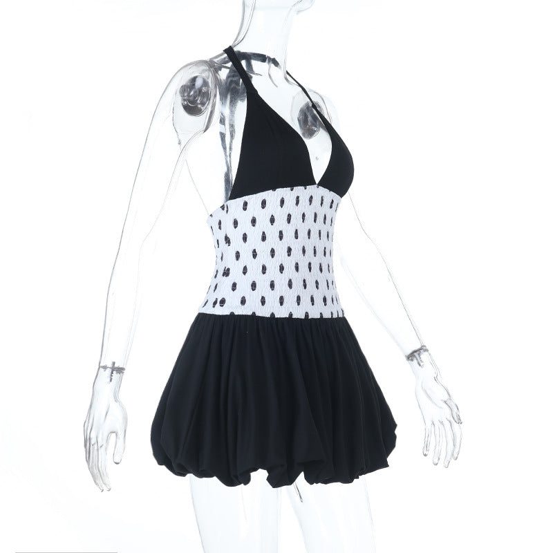 Halter polka dot v neck smocked mini dress  | Festival Outfits Women