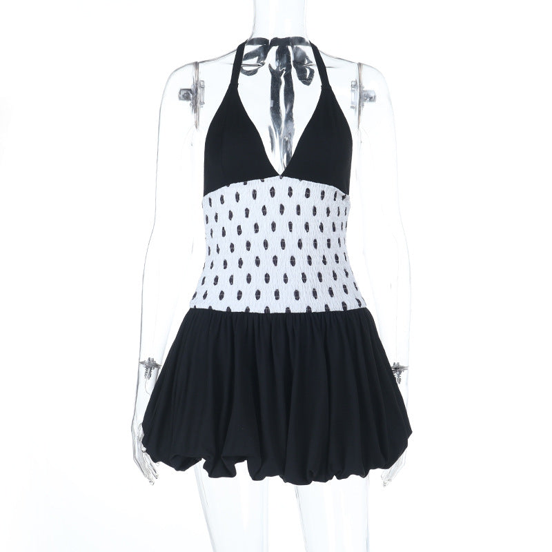 Halter polka dot v neck smocked mini dress  | Festival Outfits Women