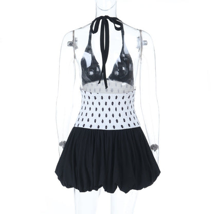 Halter polka dot v neck smocked mini dress  | Festival Outfits Women