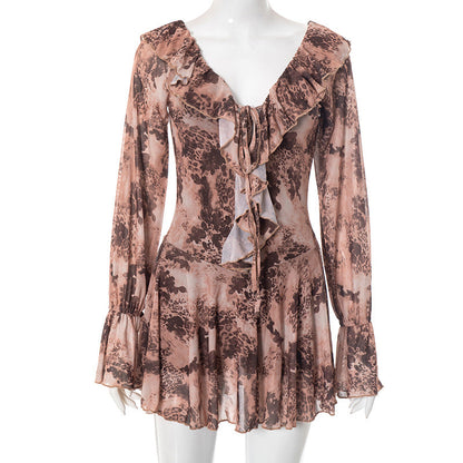 Long flared sleeve ruffle lace up print mini dress  | Festival Outfits Women