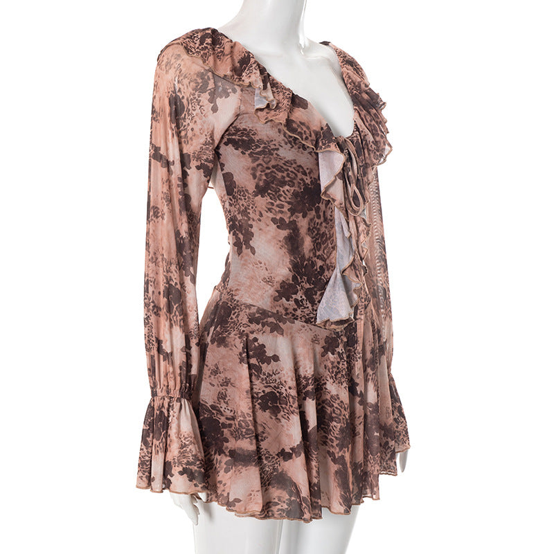 Long flared sleeve ruffle lace up print mini dress  | Festival Outfits Women