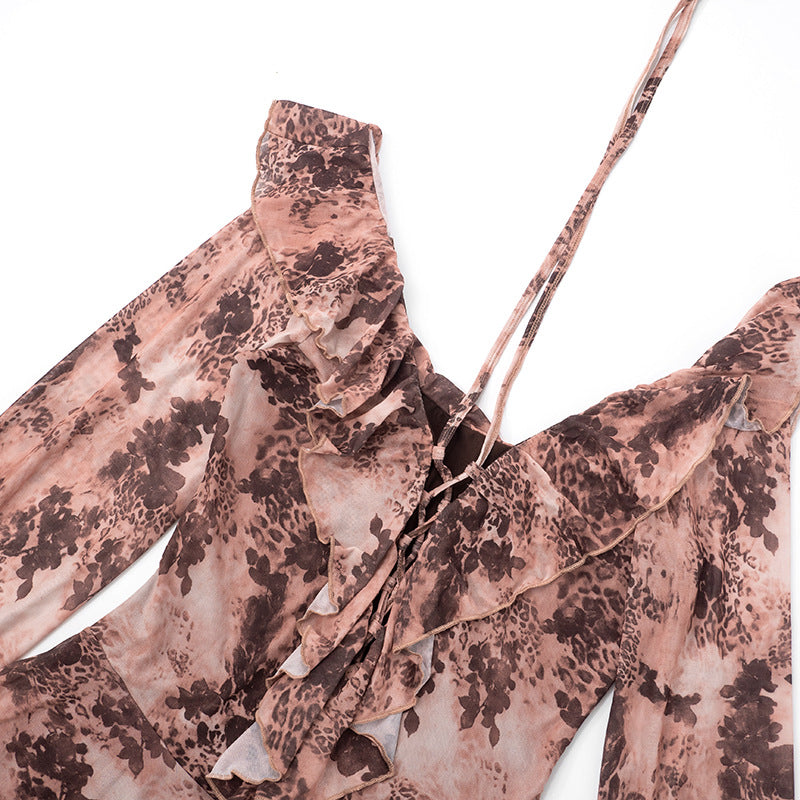 Long flared sleeve ruffle lace up print mini dress  | Festival Outfits Women