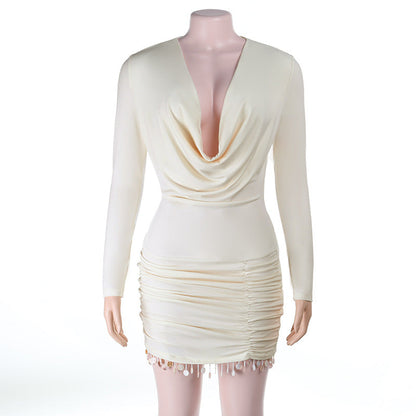 Cowl neck long sleeve ruched tassels mini dress  | Festival Outfits Women