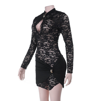 Long sleeve hollow out lace cut out mini dress  | Festival Outfits Women
