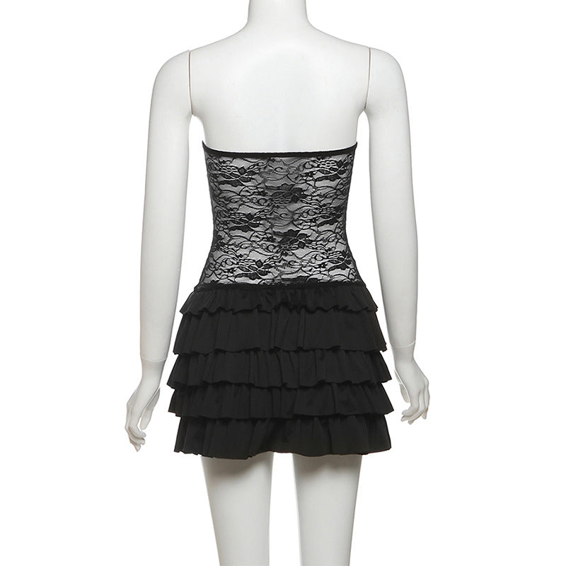 Sweetheart neck button ruffle lace mini dress  | Festival Outfits Women