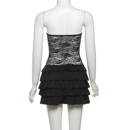 Sweetheart neck button ruffle lace mini dress  | Festival Outfits Women