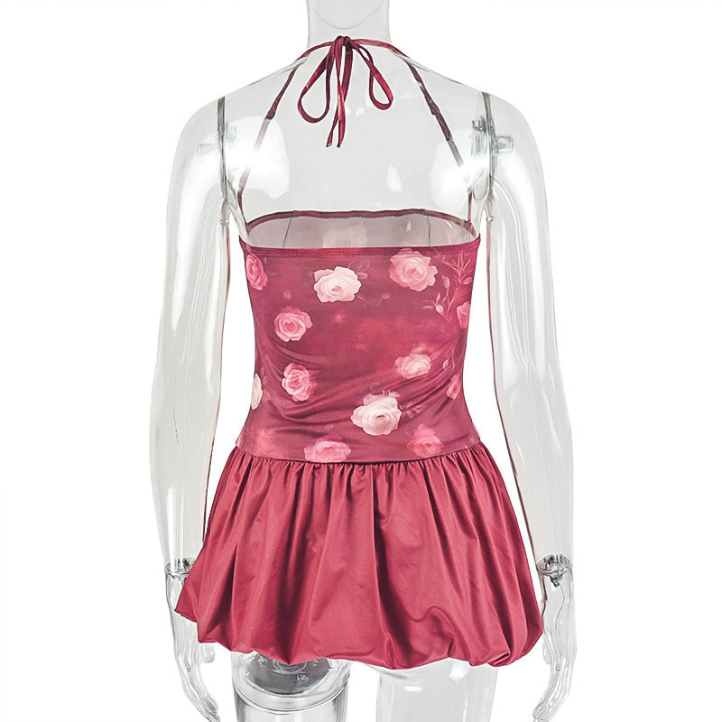 Halter flower print self tie ruched mini dress  | Festival Outfits Women