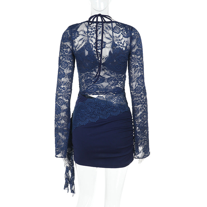 Long sleeve lace halter self tie ruched mini dress  | Festival Outfits Women