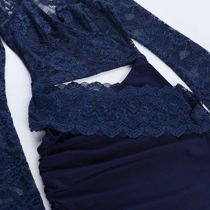 Long sleeve lace halter self tie ruched mini dress  | Festival Outfits Women