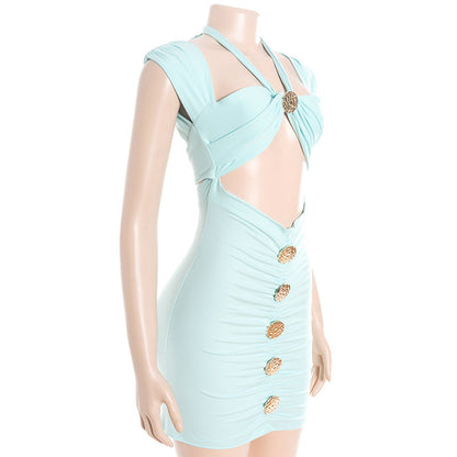Hollow out halter self tie ruched cut out mini dress  | Festival Outfits Women