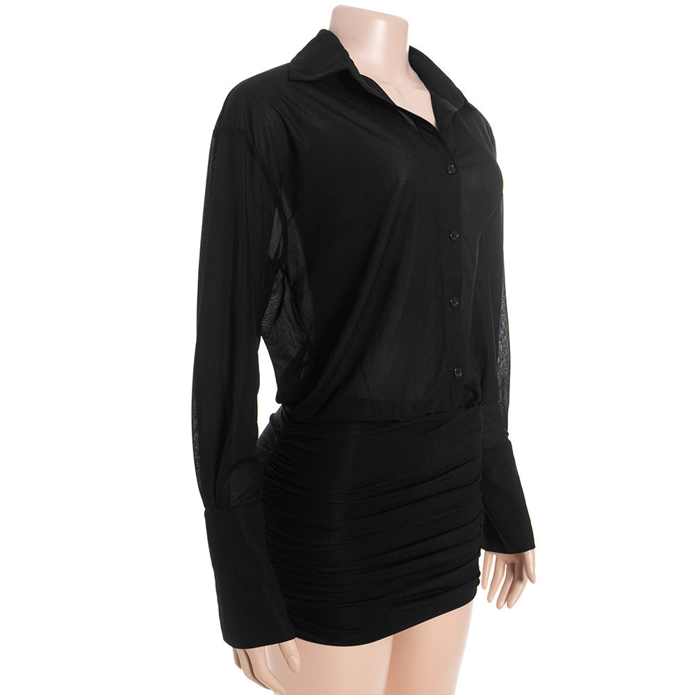 Long sleeve turnover collar button chiffon mini dress  | Festival Outfits Women