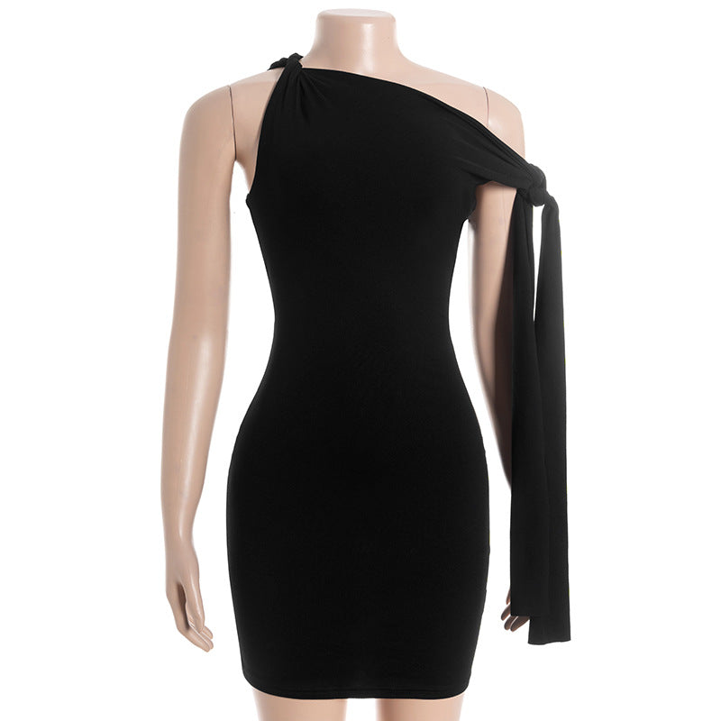 Self tie irregular one shoulder solid mini dress  | Festival Outfits Women