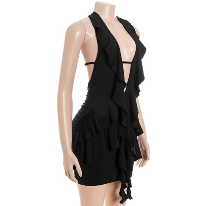 Halter self tie ruched deep v neck ruffle mini dress  | Festival Outfits Women