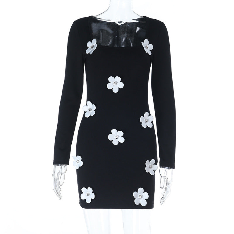 Long sleeve u neck flower applique mini dress  | Festival Outfits Women