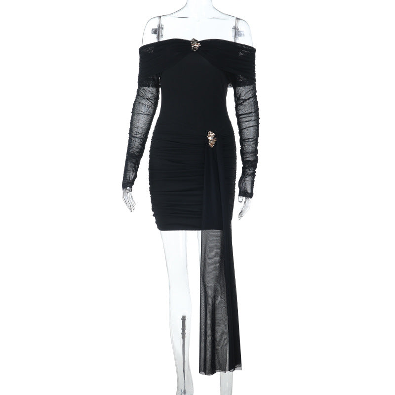 Off shoulder long sleeve mesh ruched mini dress  | Festival Outfits Women