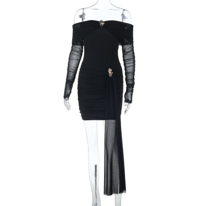 Off shoulder long sleeve mesh ruched mini dress  | Festival Outfits Women