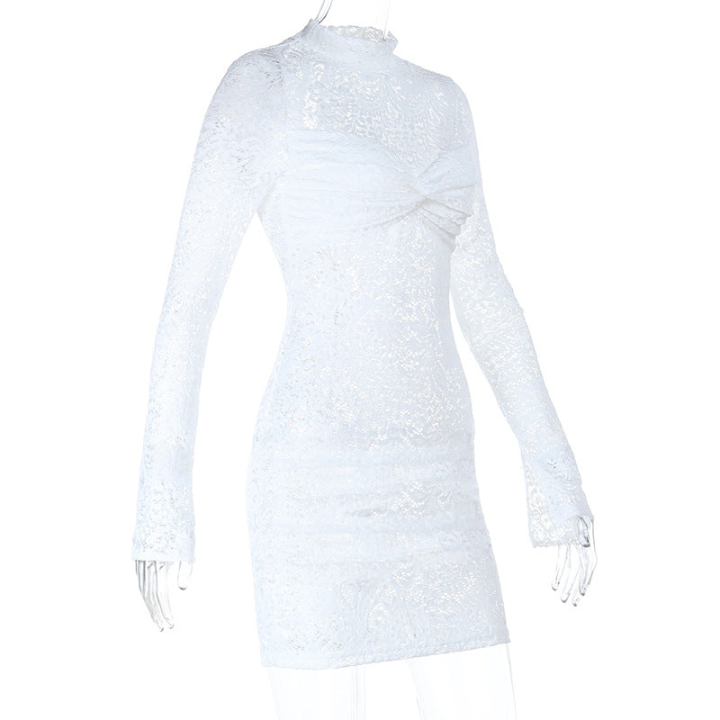 Long sleeve lace see through ruched mini dress  | Festival Outfits Women