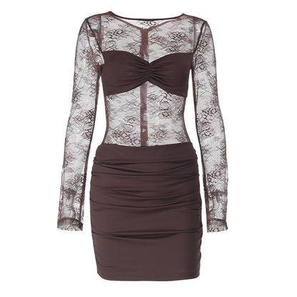 Long sleeve ruched lace zip-up mini dress  | Festival Outfits Women