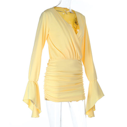 Long flared sleeve v neck ruched solid mini dress  | Festival Outfits Women