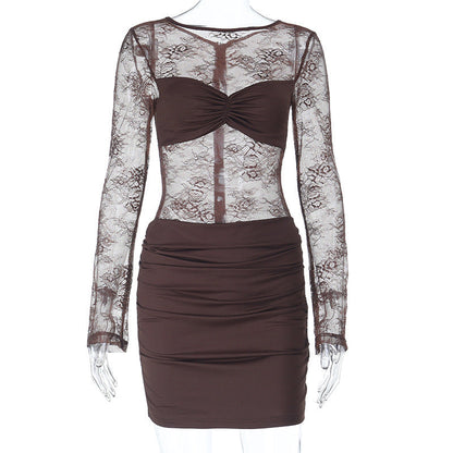 Long sleeve ruched lace zip-up mini dress  | Festival Outfits Women