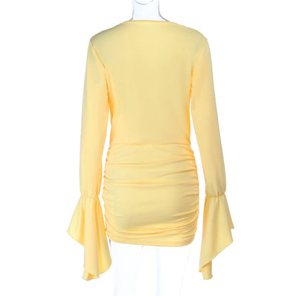 Long flared sleeve v neck ruched solid mini dress  | Festival Outfits Women