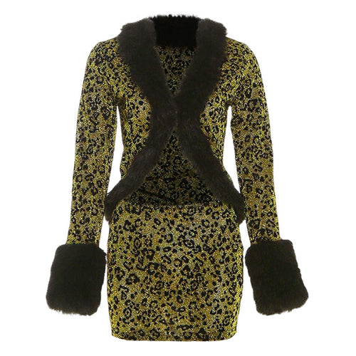 Leopard print fluffy long sleeve mini skirt set  | Festival Outfits Women  | Leopard Print Mini Dress