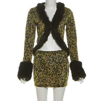 Leopard print fluffy long sleeve mini skirt set  | Festival Outfits Women  | Leopard Print Mini Dress