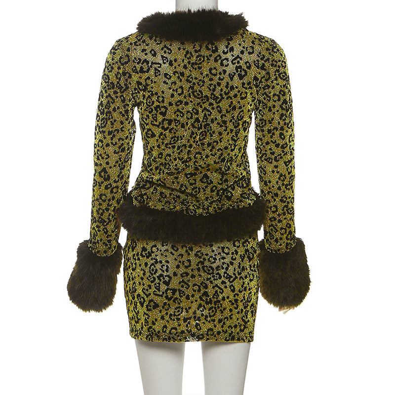 Leopard print fluffy long sleeve mini skirt set  | Festival Outfits Women  | Leopard Print Mini Dress