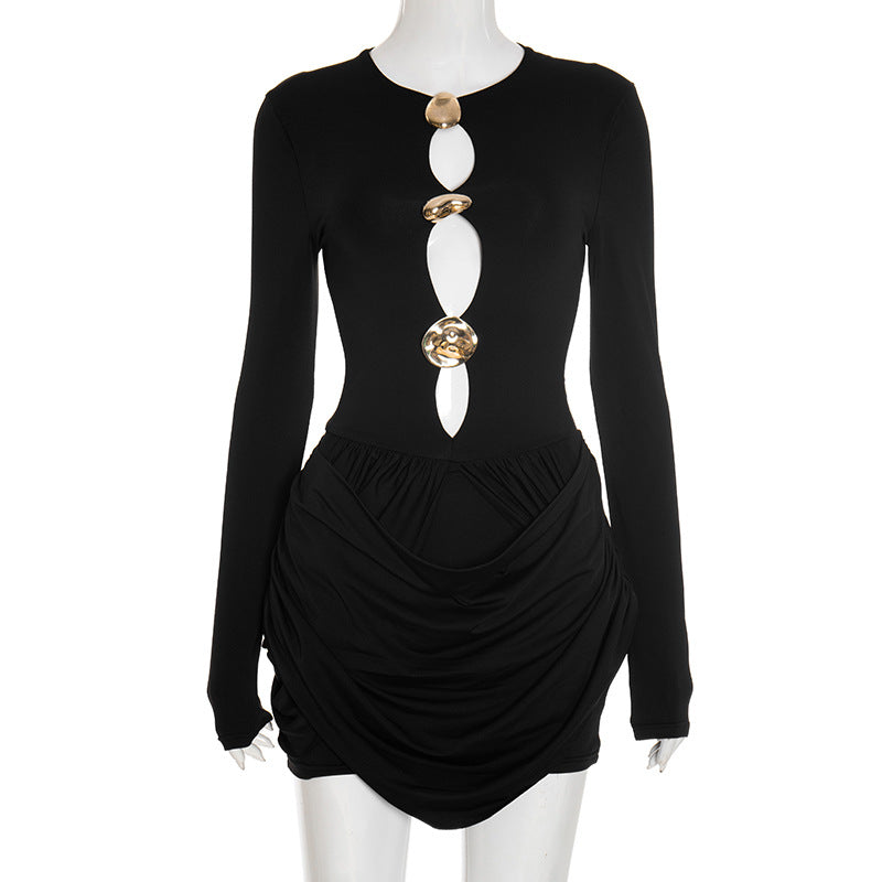 Long sleeve ruched hollow out cut out mini dress  | Festival Outfits Women