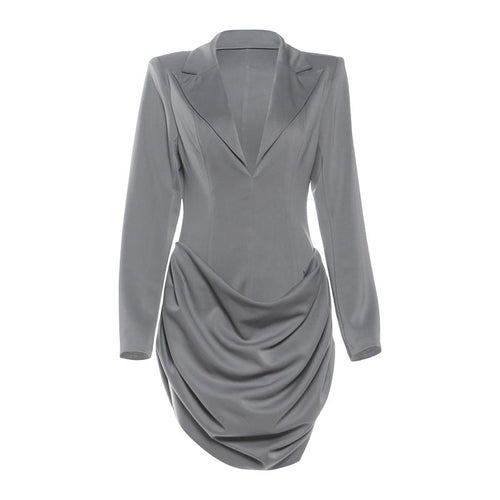 Turnover collar v neck long sleeve ruched mini dress  | Festival Outfits Women