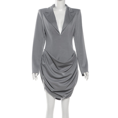 Turnover collar v neck long sleeve ruched mini dress  | Festival Outfits Women