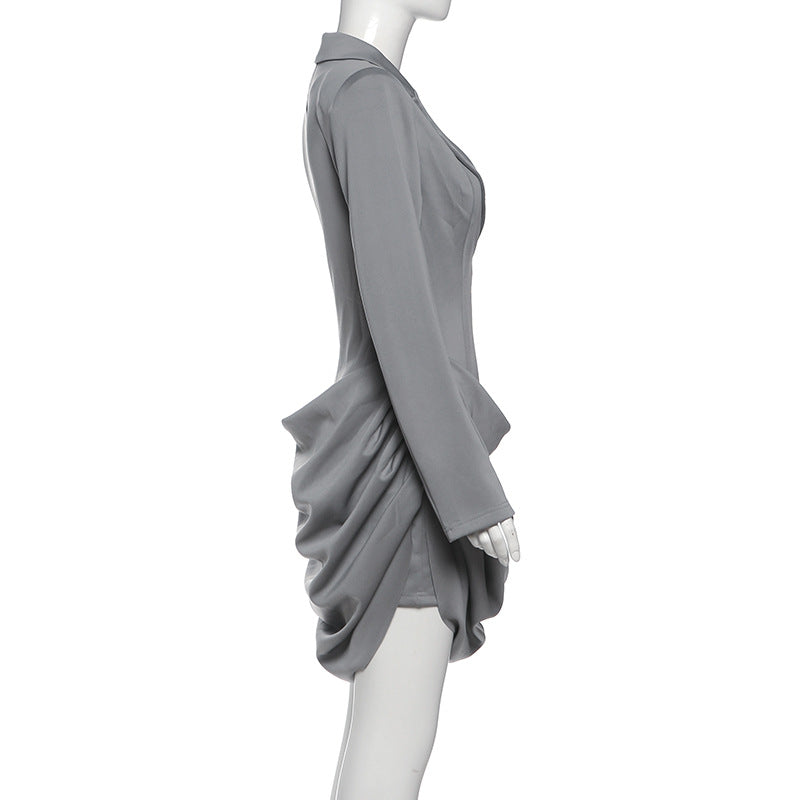 Turnover collar v neck long sleeve ruched mini dress  | Festival Outfits Women