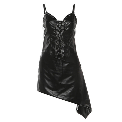 PU leather lace up backless cami mini dress  | Festival Outfits Women