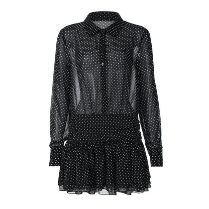 Turnover collar long sleeve button chiffon polka dot mini dress  | Festival Outfits Women