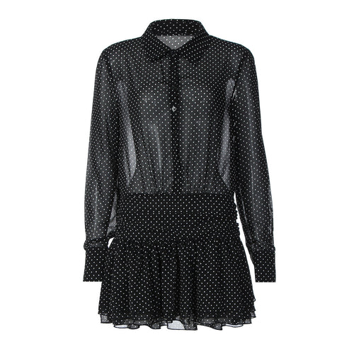 Turnover collar long sleeve button chiffon polka dot mini dress  | Festival Outfits Women
