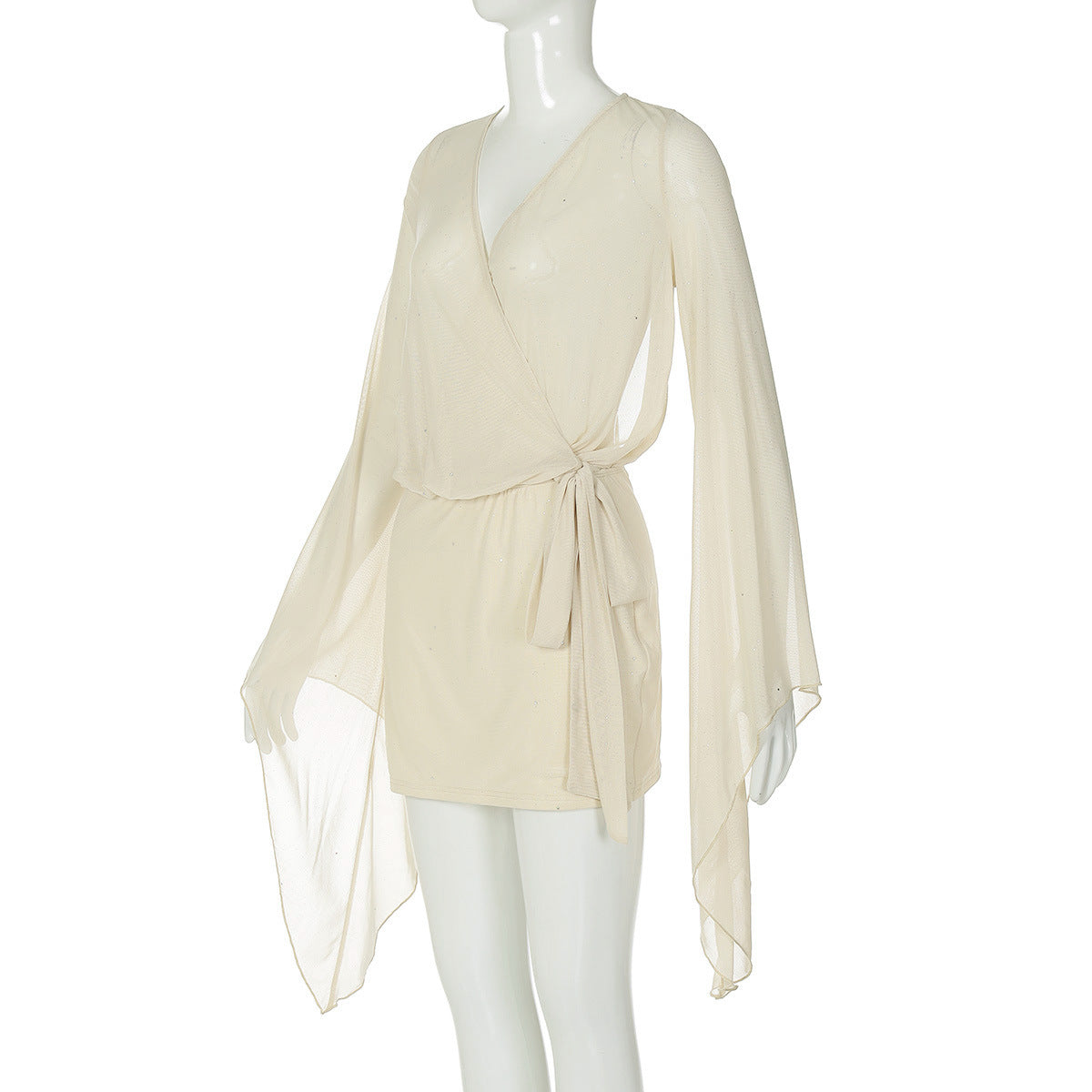 Long sleeve v neck backless mesh self tie mini dress  | Festival Outfits Women