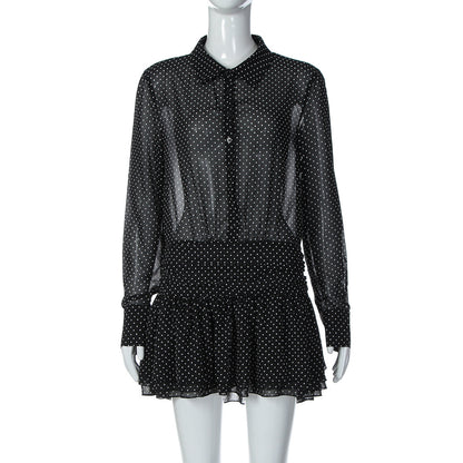 Turnover collar long sleeve button chiffon polka dot mini dress  | Festival Outfits Women