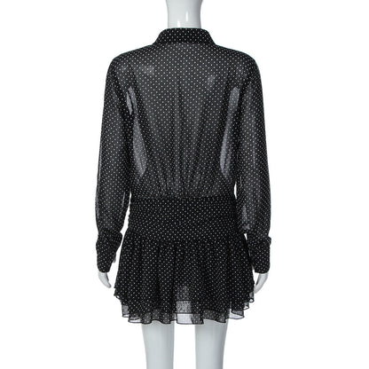 Turnover collar long sleeve button chiffon polka dot mini dress  | Festival Outfits Women
