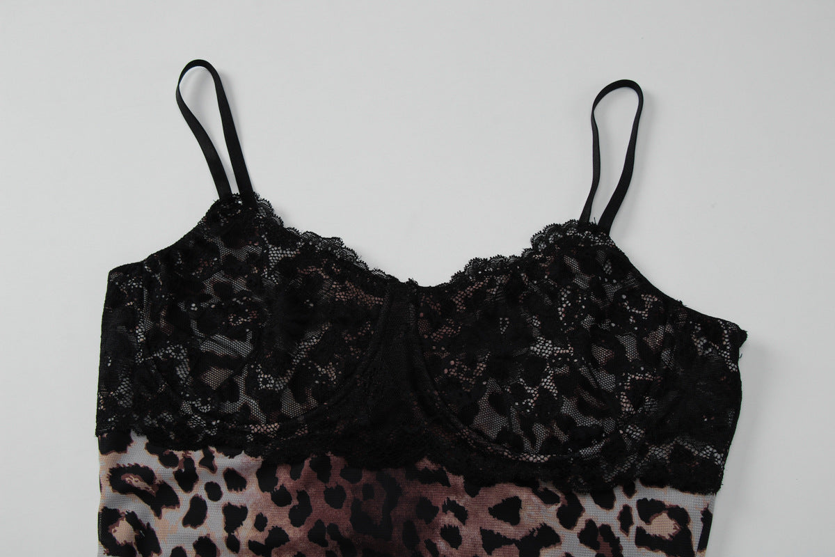 Leopard print v neck lace hem cami mini dress  | Festival Outfits Women  | Leopard Print Mini Dress