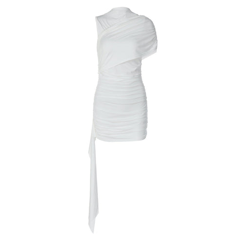 Ruched one shoulder solid high neck mini dress  | Festival Outfits Women