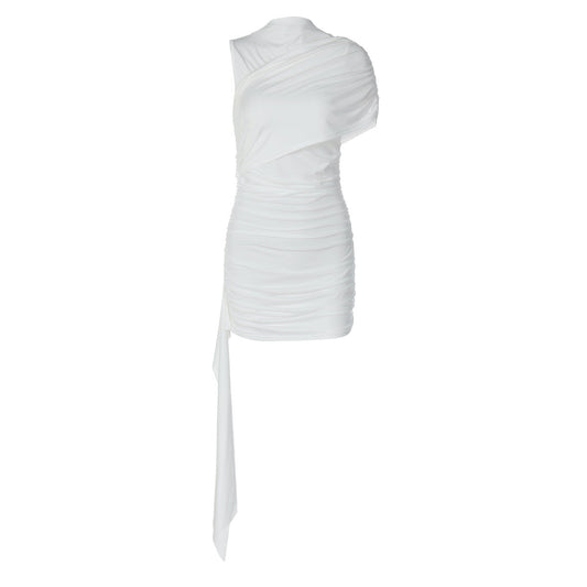 Ruched one shoulder solid high neck mini dress  | Festival Outfits Women