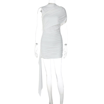 Ruched one shoulder solid high neck mini dress  | Festival Outfits Women