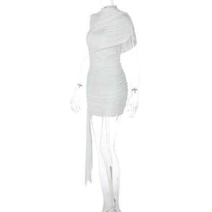 Ruched one shoulder solid high neck mini dress  | Festival Outfits Women
